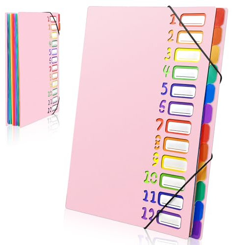 Gemtte Fächermappe A4, Mappen Ordnersystem mit 12 Fächern, 24 Taschen Dokumentenmappe Folder, Bunte Wasserdicht Ordnungsmappe für Schule Bürobedarf (Rosa)