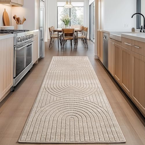 Carpettex Outdoor Teppich wetterfest, Wohnzimmer, Schlafzimmer, Garten, Balkon, Kurzflor Beige, Hoch-Tief-Effekt, weich & waschbar, pflegeleicht, 80x250 cm