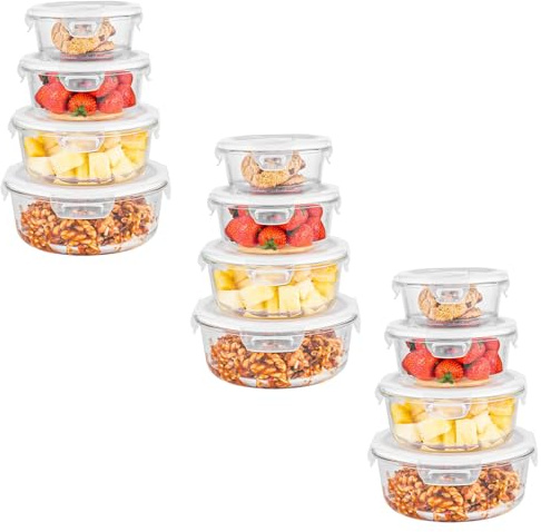 Innoteck 4pc Round Glass Storage Container Set with Snap Lock Lids - Watertight & Airtight Lids - Heat & Cold Resistant Glass - Microwave, Oven, Freeze & Dishwasher Safe - for Meal Prep, Set of 12