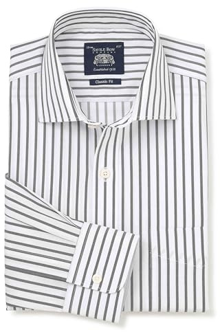 THE SAVILE ROW COMPANY LONDON Men's Classic Fit Cotton Poplin Single Cuff Formal Shirt - Khaki White Stripe - 18.5 Collar