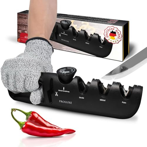 Proluxe® Afilador de cuchillos profesional con guía de ángulo y afilador de tijeras. Afilador manual de 4 niveles para cuchillos de cocina, cuchillos de damasco y tijeras. Afilador de diamante