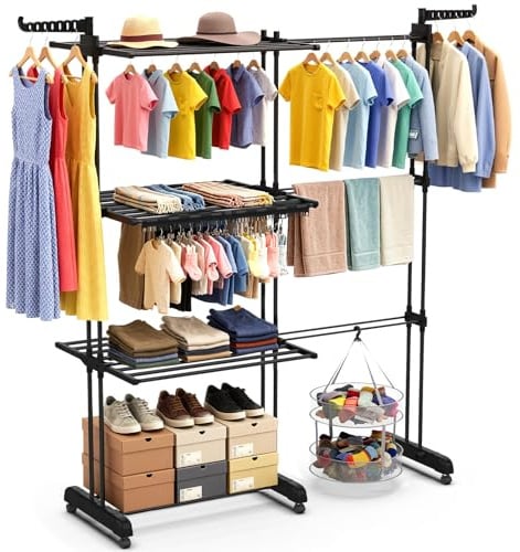 Ferghana 3-stufiger Wäscheständer Turm, ausziehbar (66-130 cm), 40 kg Tragfähigkeit, klappbarer Wäscheständer mit faltbarem Design, platzsparend für Zuhause (Schwarz)