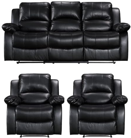 Valencia Faux Black Leather 3 Seater Recliner Sofa & 2 Chairs | 2 Seater Sofa & Drop Table Option | Manual Lever, Electric Socket/USB Port & Cupholders | Easy Clean Fabric | 3 Positions & 160° Recline