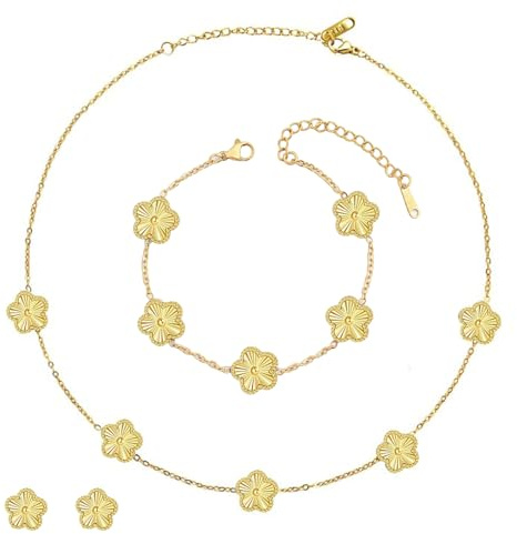 ZHITENG Fünfblättriges Kleeblatt Schmuckset, Blumenmuster Kette (Gold)