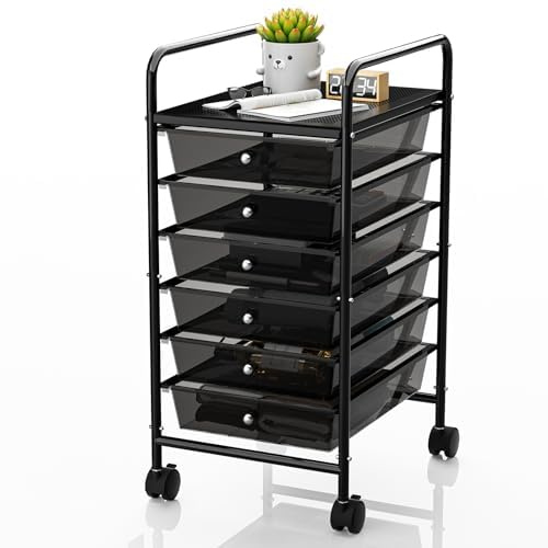 Johgee 6 Drawers Plastic Storage Cart, Multipurpose Mobile Organizer Shelving Unit with Lockable Wheels,Utility Rolling Cart Storage Trolley for Home Office Stationery Makeup Beauty,Transparent Black