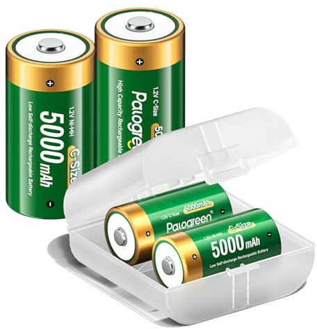 Palogreen - Pilas C recargables (5000 mAh, 1,2 V, NIMH Lr14, tipo C, baterías de alta capacidad, 1500 + ciclos de carga con caja de almacenamiento