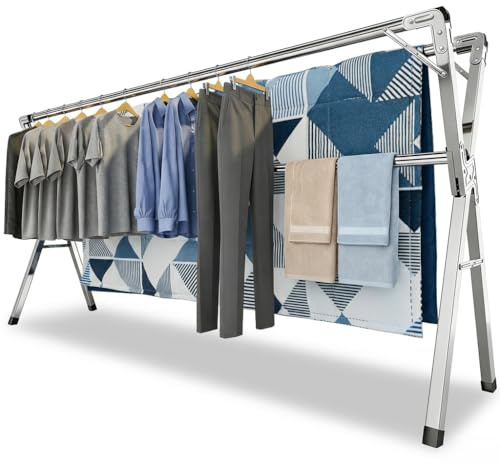 Wäscheständer aus Edelstahl klappbar, Wäschetrockner für Innen & Außen, verstellbar 140–240 cm, Jede Stange bis 60 kg belastbar, 40 Winddichte Kleiderhaken, großer Kleiderständer-Dickeres