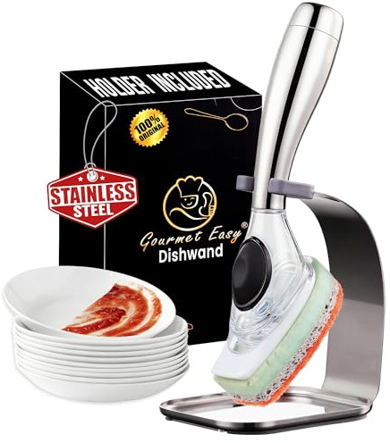 Gourmet Easy Washing Up Brush with Liquid Dispenser, Stainless Steel Handle | Washing Up Sponge with Handle, Ergonomic Grip, 3-Layer Non-Scratch Sponge, Mess-Free Holder + Drip Tray, 2-Year Warranty