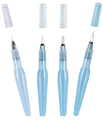 Pentel Water Brush Pinceau à eau | Fine, moyenne et largeur Pointe ogive – Lin pitze moyen – Lot de 4, Flach M | Rund M | F | B, 4