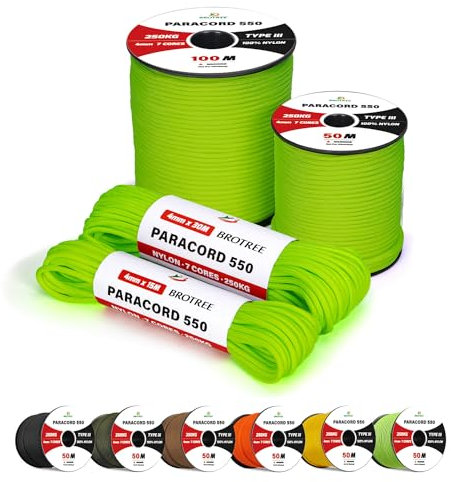 Brotree Paracord 550 4mm 15M 100% Nylon Seil Schnur Typ III mit 7 Stränge für Survival, Outdoor, Armbänder, Hundeleine - Bruchlast 250kg (Neon Grün)