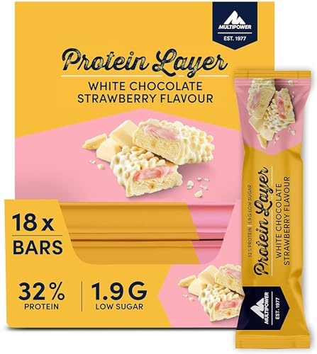 Multipower Protein Layer Bar Energieriegel mit 32% Protein – Fitnessriegel 18 x 50 g – Proteinriegel als Sport-Snack – Eiweißriegel mit White Chocolate Strawberry Geschmack