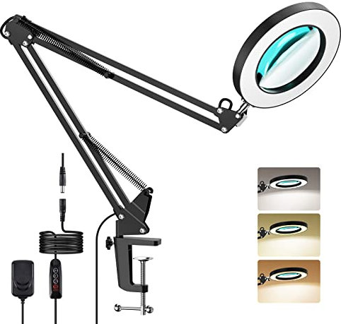 YOUKOYI Lampada Con Lente D'ingrandimento 5X Lampada da Scrivania con Pinza Lampada Estetista Lampada da Lavoro con Morsetto Regolazione Continua Modi di 3 Colori, Nero