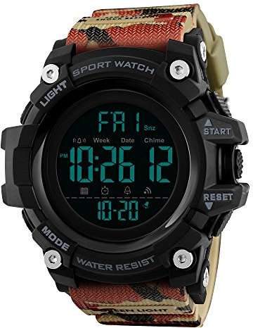 TONSHEN Herren Sport Uhren 50M Wasserdicht Groß Plastik Lünetten mit Kautschuk Band Digitaluhr LED Elektronik Countdown Doppelte Zeit Alarm Armbanduhr (Camo)