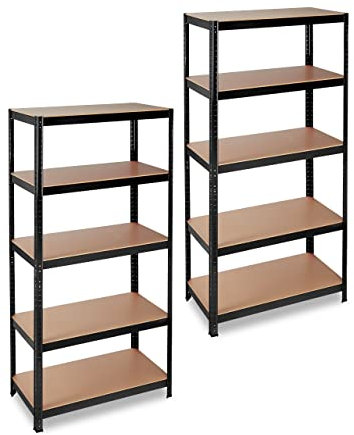 Relaxdays 2 x Schwerlastregal, Traglast 875 kg, 5 Ebenen, zum Stecken, Keller, Garage, Stahl, MDF, 180 x 90 x 45cm, schwarz