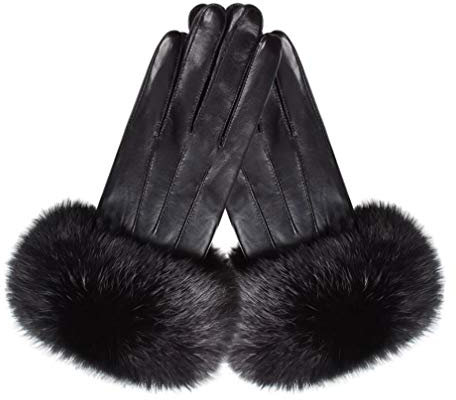 Pexuya Damen Winter Touchscreen Schaffell LederHandschuhe mit Kaninchenfell S77 (Schwarz, L)