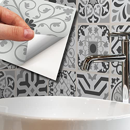 WALPLUS Stickers Carrelage Credence Adhesive Pour Cuisine Stickers Muraux Auto-Adhésif Résistant à l'huile Imperméable à l'eau Réutilisable Amovible Novi Light Grey Cement Azulejo 24pcs 15cm(6)