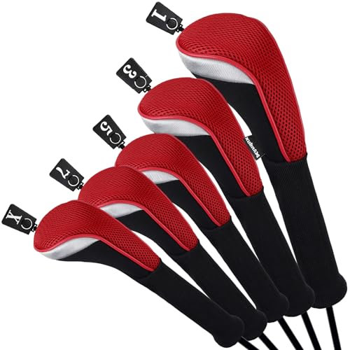 Andux Schlägerhauben für Golfschläger 460cc Driver Fairway-Holz, extra Langer Hals, Rot, 5 Stück