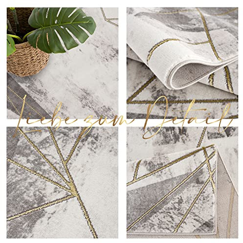 payé Teppich-Wohnzimmer - Grau Gold -160x230cm - Modern Vintage Geometrische Muster - Marmor Optik - Boho Style Wohnteppich Schlafzimmer Dekoration