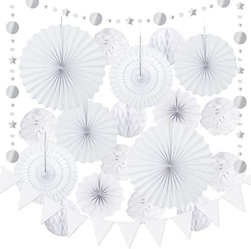 HONMOK 20 Stück Weiß Papierfächer Dekoration Hochzeit Dekoration Set Seidenpapier Pompoms Lampions Wabenbälle mit Girlanden Hochzeitsdeko Hängende Dekoration für Hochzeit Taufe Geburtstag Party