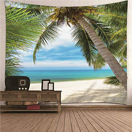 Banemi 3D Wandteppich, Wandteppich Junge Grün Blau Coconut Palm Beach Ozean Polyester Gobelin Wanddeko für Wohnzimmer 260x240CM