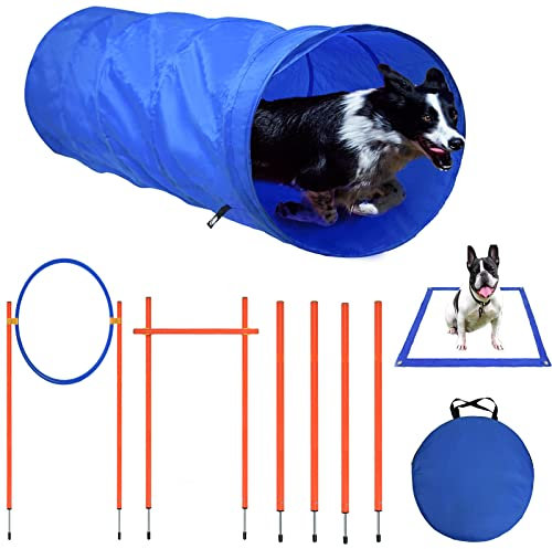 YRHome Agility Set Ausrüstungs für Hunde, Hindernisse Hunde Training Hundesport Verschiedene Kombinationen Verstellbare Höhe mit Sprungringe, Tunnel, Slalom, Hürden und Geflochtene Stangen