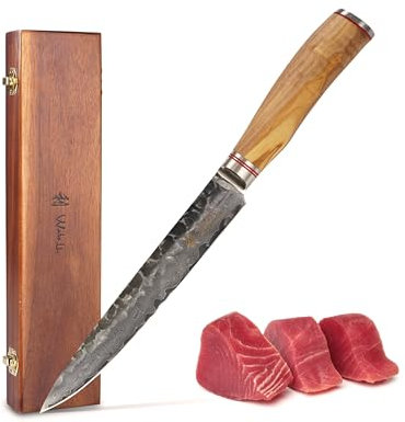 Wakoli Olive HS Damastmesser Fleischmesser & Tranchiermesser I 20cm Klinge gefertigt aus 67 Lagen echtem Damaststahl mit edlem Olivenholzgriff & Hammerschlag I Premium Küchenmesser in edler Holzbox