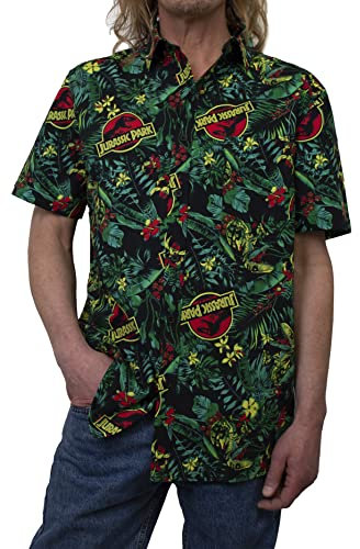 Jurassic Park Men's Pattern Button Down Shirt, Black Tropical Raptor, XL