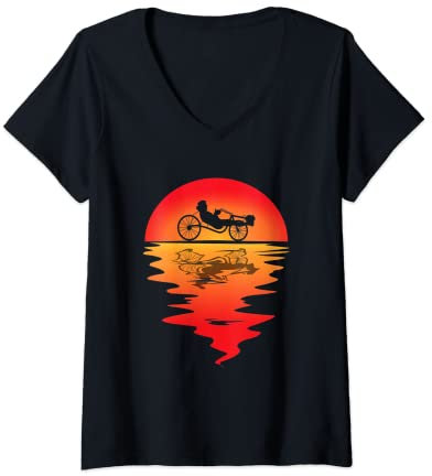 Damen Vintage Sunset Recumbent Bike Fahrrad Liege Fahrrad T-Shirt mit V-Ausschnitt