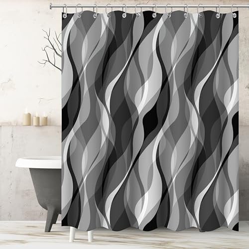 White and Grey Shower Curtain for Bathroom White and Black Shower Curtain Fabric Modern Abstract Striped Minimalist Bath Curtains Waterproof Shower Curtains Set, Black Gray White, 72 x 72 Inch