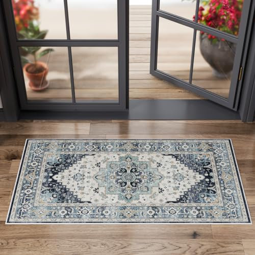 Dripex Washable Door Mat for Entryway 60x110cm, Navy Blue Vintage Door Rug for Front Back Door Short Pile, Machine Washable Kitchen Rug Non Slip Bath Rug for Bathroom