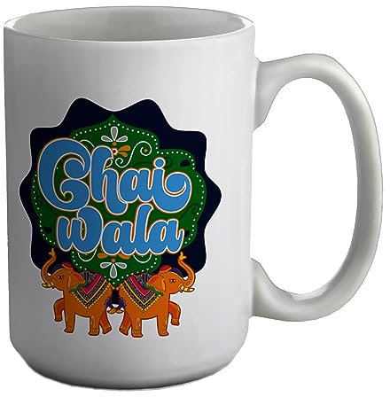Shopagift Tea Chai Mug Chai Wala Indian Elephants White 15oz Large Gift Ceramic Cup