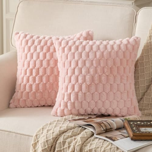 Mandioo 2er Set Rosa superweichen dekorative Plüsch Kissenbezug Kissenbezüge 45 x 45 cm Wollsamt Dekokissenbezüge Kissenhülle Sofakissen Dekokissen flauschig für Couch Sofa Bett Wohnzimmer