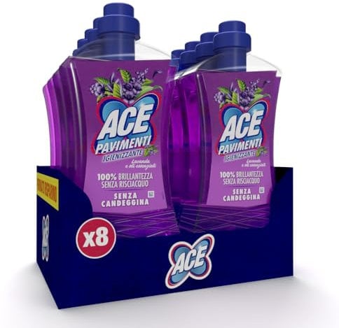 ACE Pavimenti Igienizzante Lavanda ed Oli Essenziali, Senza Candeggina, 8 Flaconi da 1 Litro