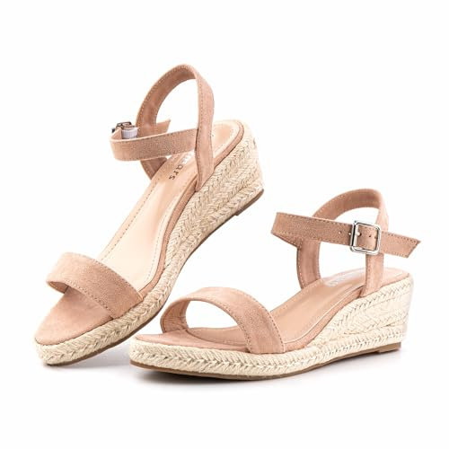 Hitmars Sandales Compensées Femme Été Espadrille Plateforme Talon Bout Confortable Chic Espadrilles Boucle de Cheville NN1 Beige 43 EU