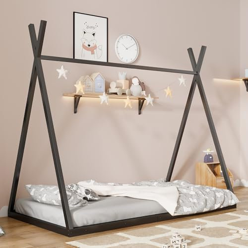 MYBOO Kinderbett Bodenbett 90x200 cm, Tipi Design Bett Eisenbett mit Lattenrost, Bett für Mädchen und Jungen, Eisenrahmenbett Jugendbett Einzelbett Hausbett Metallbett Bettgestell Spielbett, Schwarz