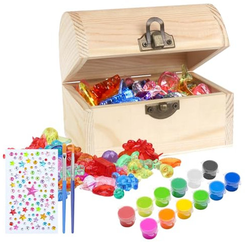 Mini Piraten Schatztruhe Set Kinder mit Edelsteine und Diamantaufkleber Holz zum Bemalen Schatzkiste Schmucksteine Kindergeburtstag Holzkiste mit Deckel für Basteln Geburtstags Ocean Piratenpart DIY