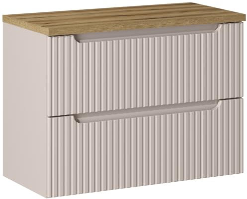 Lomadox Badezimmer Waschtischunterschrank 80cm, Kaschmir und Eiche, gerillte Front | 2 Softclose-Schubladen