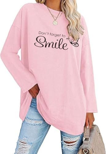 Teesho Damen Tshirt Langarm Oversized Oberteile Baumwolle Shirts Casual Lose Langarmshirt Tops Tunika (rosa/L)