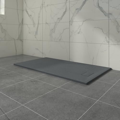 Aquariss Anthracite Rectangular Shower Tray Slate Effect SMC Slip-Resistant Shower Base for Bathroom Enclosures 1600x900mm with Waste