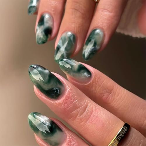 24pcs Medium Length Almond Press on Nails Dark Green Ombre Vintage Stick on Removable Glue-on Acrylic Full Cover Nail Art Accessories for Women Girls