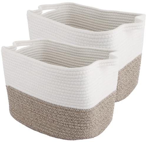 MEIDIV 2 Pack Cotton Rope Storage Baskets for Shelves, 33x25x23cm Woven Baskets for Closet Storage, Woven Basket with Handle, Storage Bins for Living Room, Laundry Basket for Clothes Toy Storage