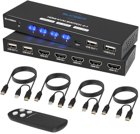 KVM Switch 4K@60Hz per 4 PC, Switch KVM HDMI e USB, Condividere Monitor 4K e 4 USB Device, Contiene 4 Cavi KVM e telecomandi