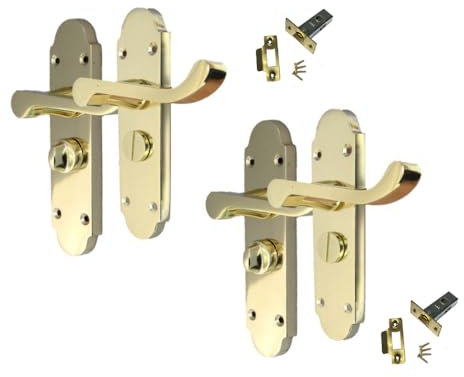 Epsom Door Handle Epsom Scroll Brass Plated Privacy Bathroom Handles - Brass Plated Door Handles Set (Privacy Lock) 2 Sets with Tubular Latch.victortian Door Handles. Internal Door Handle Sets