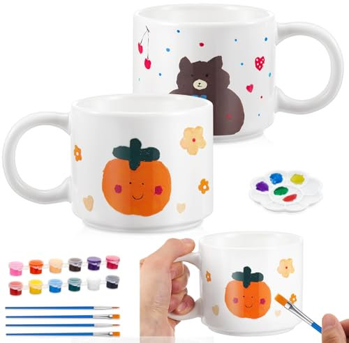 Geiserailie 2 Pcs Mug Painting Kit Paint Your Own Mug with 2 Unfinished Blank Ceramic Sublimation Cups 12 Color Pigment, Brushes for Graduation Teacher Appreciation DIY Cups Gifts(Common Style)
