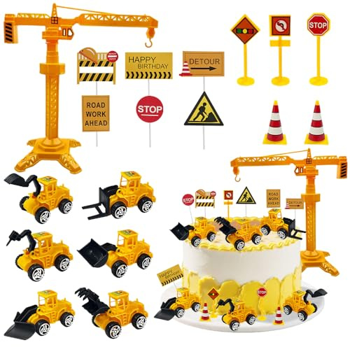 Kuchen Deko Baustelle Set, 18 Stück Bagger Kuchen deko, Bagger Kuchendeko Auto, Verkehrsschilder Kinder, Bagger Cake Topper, Happy Birthday Cupcake Topper, Baustelle Spielzeug Kuchen Deko Junge