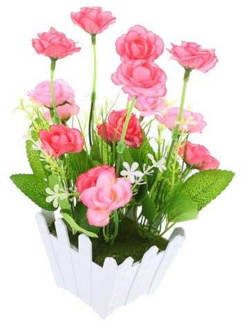 JECOMPRIS 2 Juegos Plantas Artificiales Maceta de Decoración de Bonsái para Hogar y Oficina Flores Falsas de Rosa con Cercado Color Rosa y Verde para Interiores y Exteriores