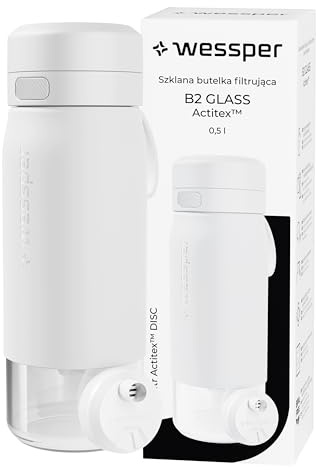 Wessper Borraccia Filtrante, 500 ml, Borraccia Vetro Borosilicato, Bottiglia con Filtro Actitex DISC, Contatore di Sostituzione del Filtro Integrato, Riduce il Cloro, BPA FREE - Bianco