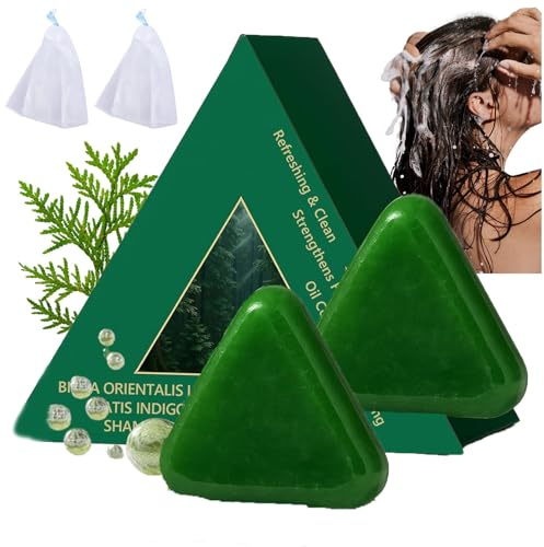 Nature Triangle Shampoo Bar, 120g Usman Grass Glutinous Rice Water Solid Shampoo Bar for Hair Care, Nature Green Soap with Biota & Isatis Root, Deep Cleansing Organic Hair Oil Control (2pc)