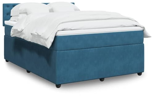 Qnhdfrt Velvet Box Spring Bed 160x200cm with Mattress and Headboard, Blue