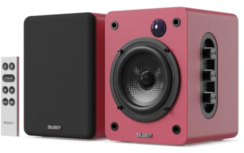 MAJORITY Bookshelf Bluetooth Speakers | Wireless Active Speakers Pair | Hi-Fi, 2.0 sound | Desktop, Monitor & PC | 60W, HD Sound, HDMI ARC, Optical, AUX & USB Playback | Remote Included D50X(Maroon)